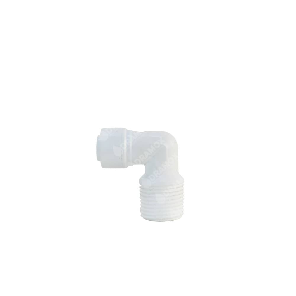 Codo con rosca de tres octavos y conexión a manguera un cuarto para purificadores de agua